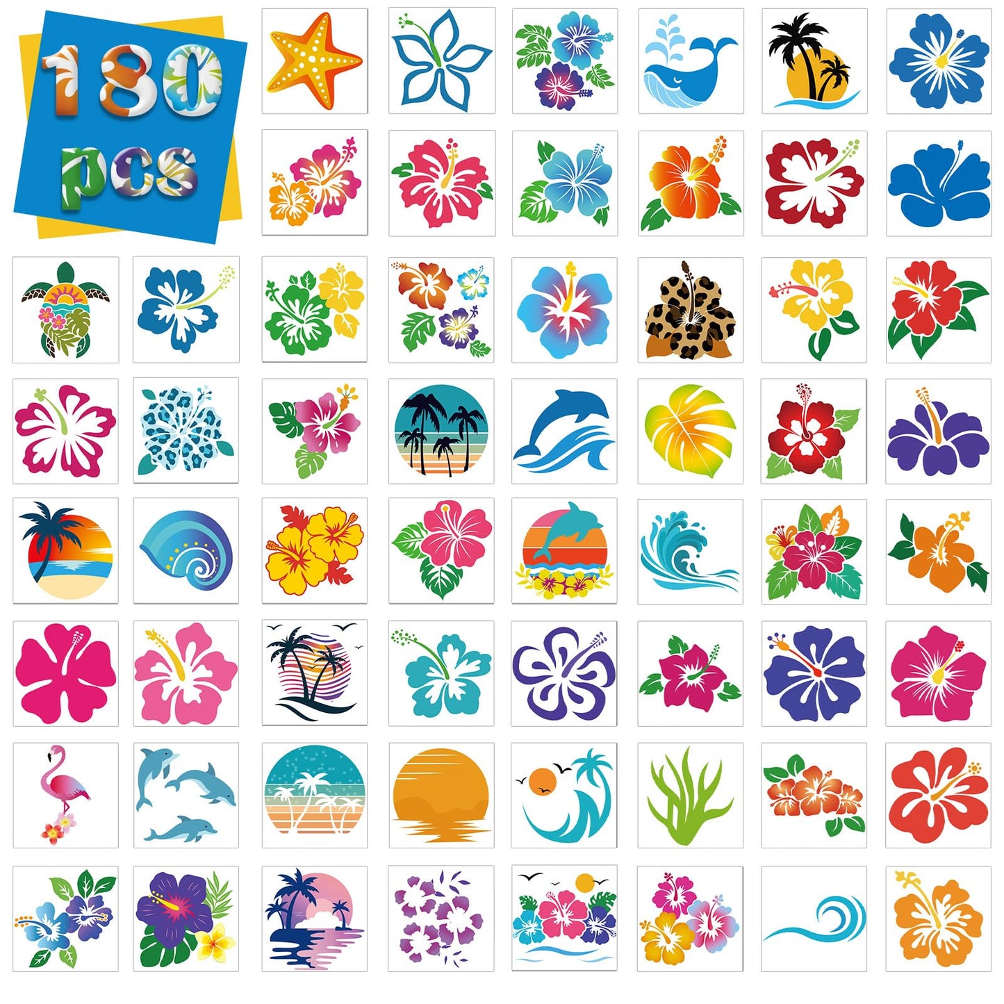 Kathfly 180 Pcs Hibiscus Temporary Tattoos Glitter Hawaiian Flower Tattoos Stickers for Face Body Decoration Women Summer Tropical Aloha Party Favors Gift (Summer Flowers)