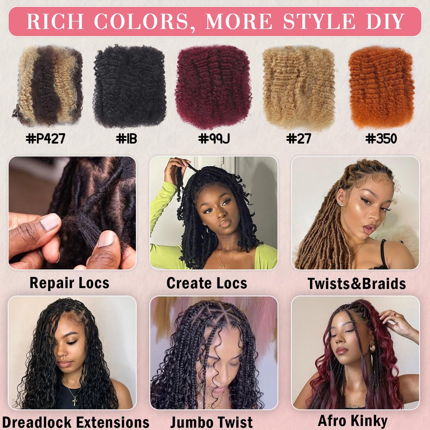 Unipearl Afro Kinkys Bulk Human Hair 50g/Pack Human Braiding Hair for Marley Twist, Locs Extensions & Crochet, Burgundy Afro Bulk Hair for Dreadlocks 14Inch