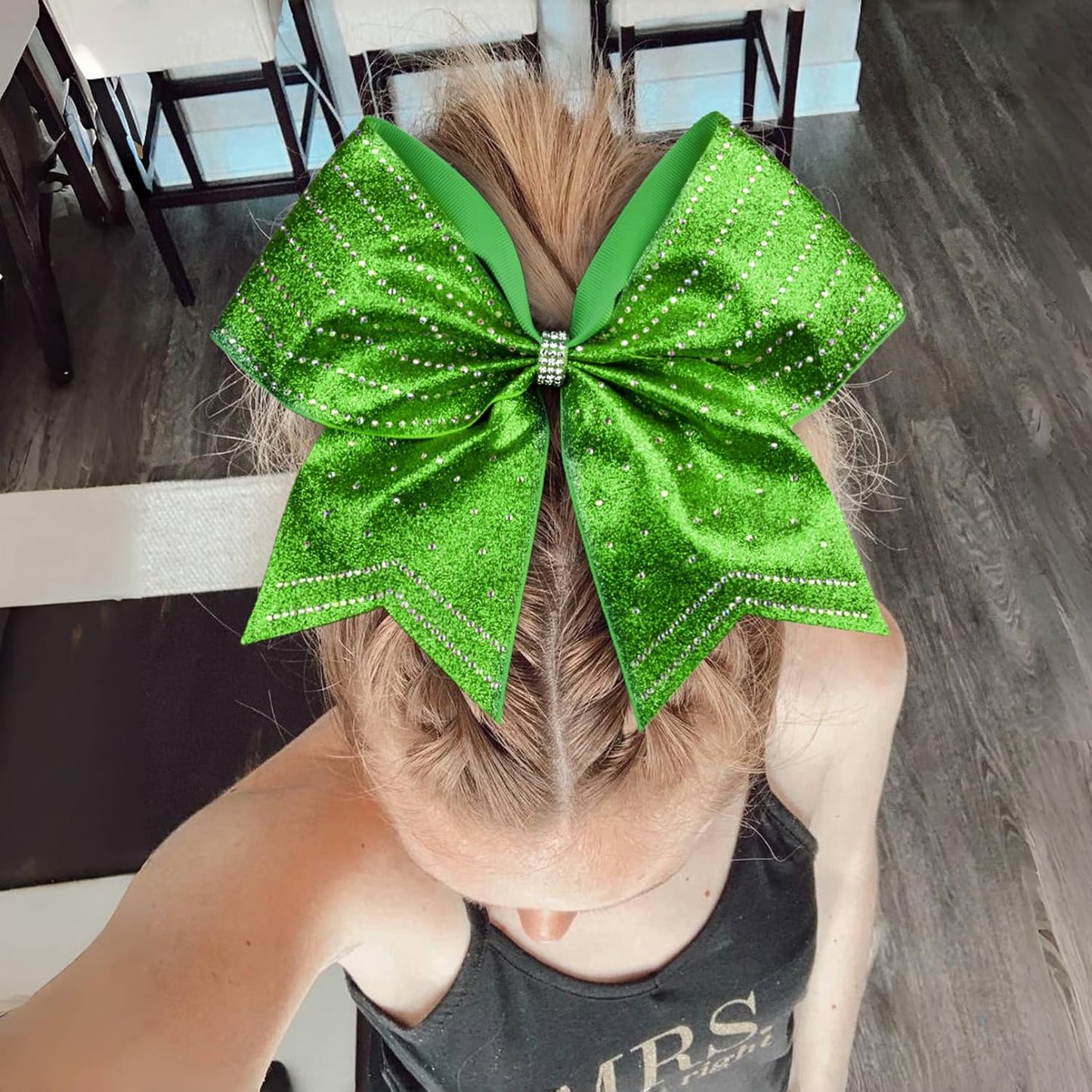 DEEKA 8PCS Green Stripes Glitter Cheer Bows - Iridescent Rhinestones | Large 8" Ponytail Holders for Cheerleaders & Sports