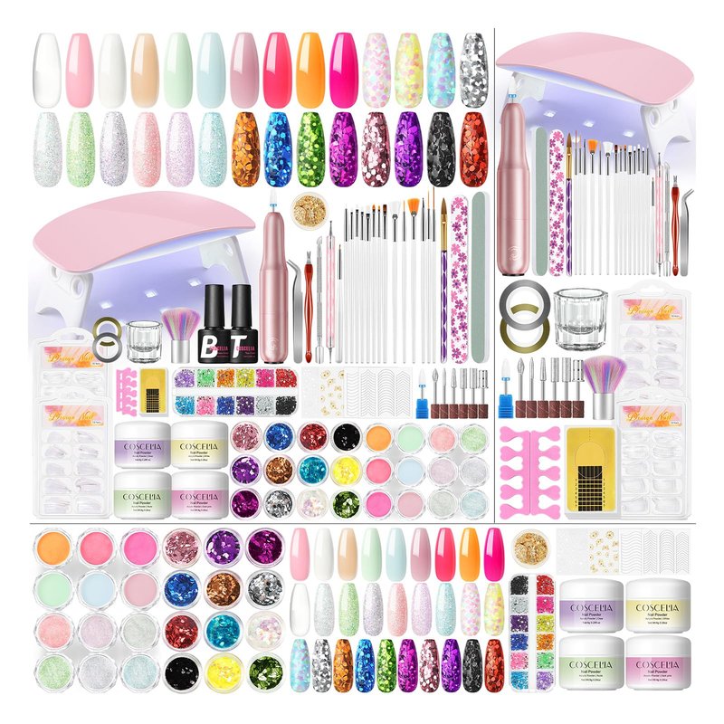 COSCELIA Acrylic Nail Kit for Beginners with Everything 4PC Acrylic Powder 24 PCS Glitter Powder Professional Nail Drill Light Rhinestones Tips Set Gifts for Women