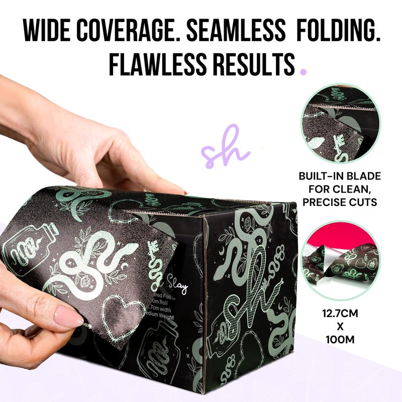 Simply Hair Hair Foil Roll – 100m Embossed Medium Weight Roll with Built-In Cutter – Custom Length Foil for Hair Dye, Highlights & Balayage - No-Slip Grip - 12.7cm - Serpent