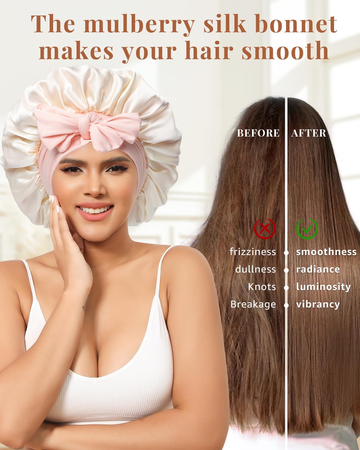 AWAYTR Silk Bonnet for Sleeping Women 100% Mulberry Silk Bonnet with Band 2 Layer Reversible Hair Bonnet Sleeping Hair Wrap (Pink/Beige)