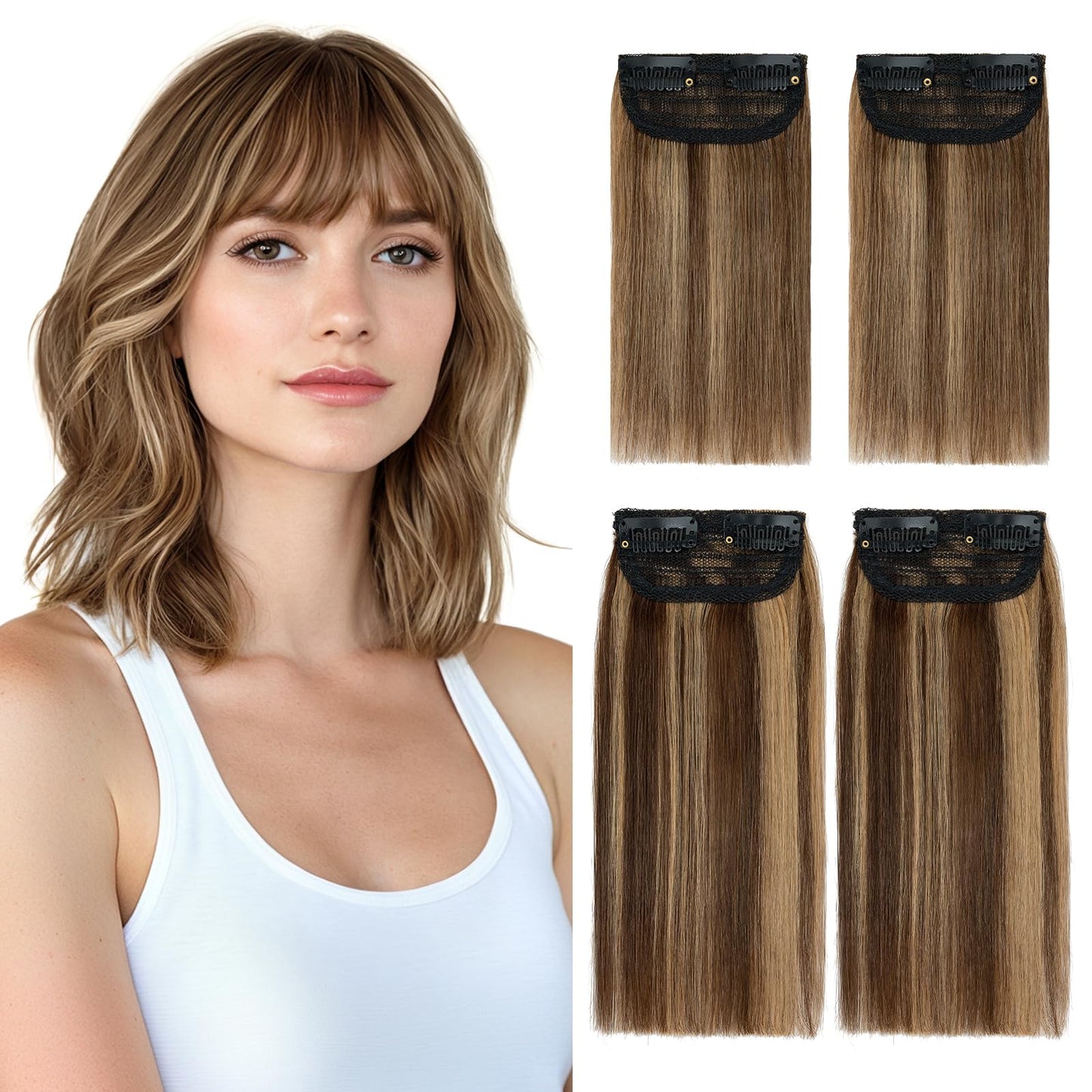Hairro 4PCS Clip In Short Hair Extensions For Women Human Hair Mini Clip On Hairpiece Invisible Highlight Hairpin Hairpieces Adding Volume Thinning Hair #4P27 Medium Brown&Dark Blonde