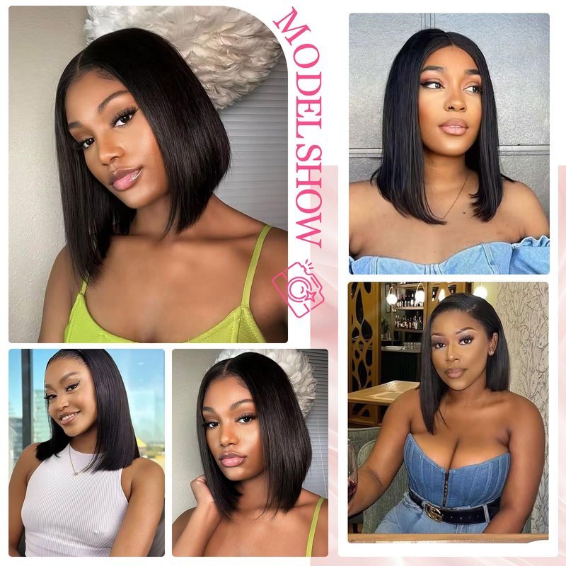 Atikual V Part Wig Human Hair Bob Wig 8inch Brazilian Remy Hair Short Bob Wig Human Hair Glueless Wig Upart Bob Wigs For Black Women Upgrade U Part Wig No Sew in No Glue Natural Black Color