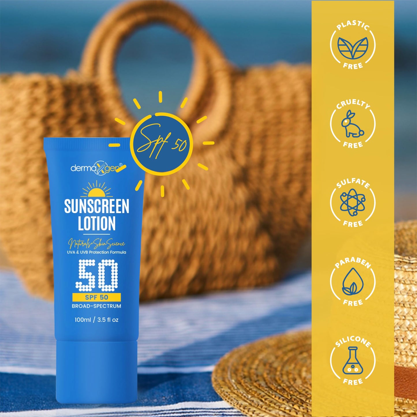 Dermaxgen Sunscreen Lotion SPF 50 – Lightweight, Non-Greasy Sun Protection for All Skin Types. Hydrates, Skin Shield , Water-Resistant Coverage for Radiant, Moisturized Skin.