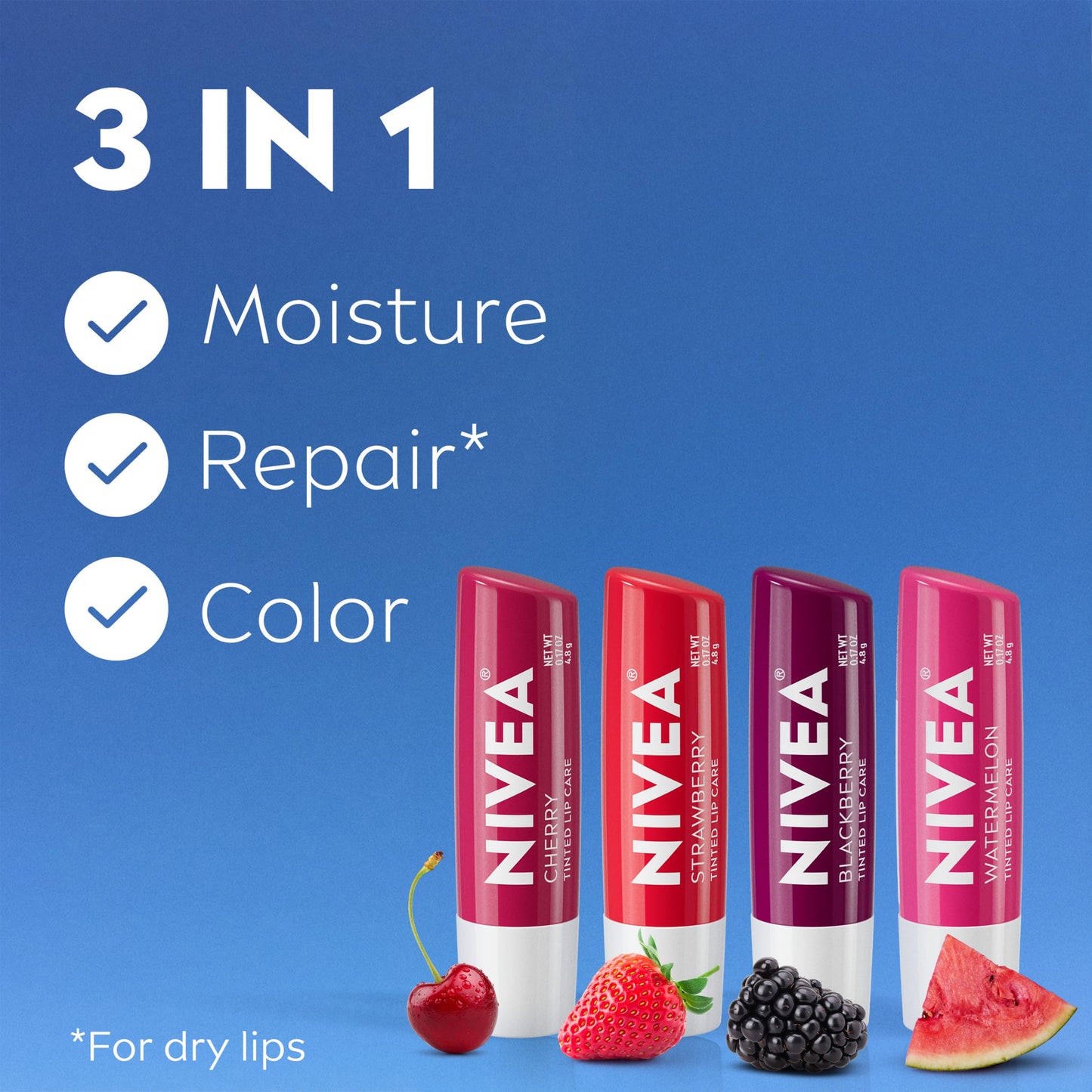NIVEA Lip Care, Fruity Tinted Lip Balm Variety Pack, Cherry, Strawberry, Blackberry and Watermelon Flavors, 3-in-1 Moisture, Repair and Color, 0.17 Oz Stick, Pack of 4