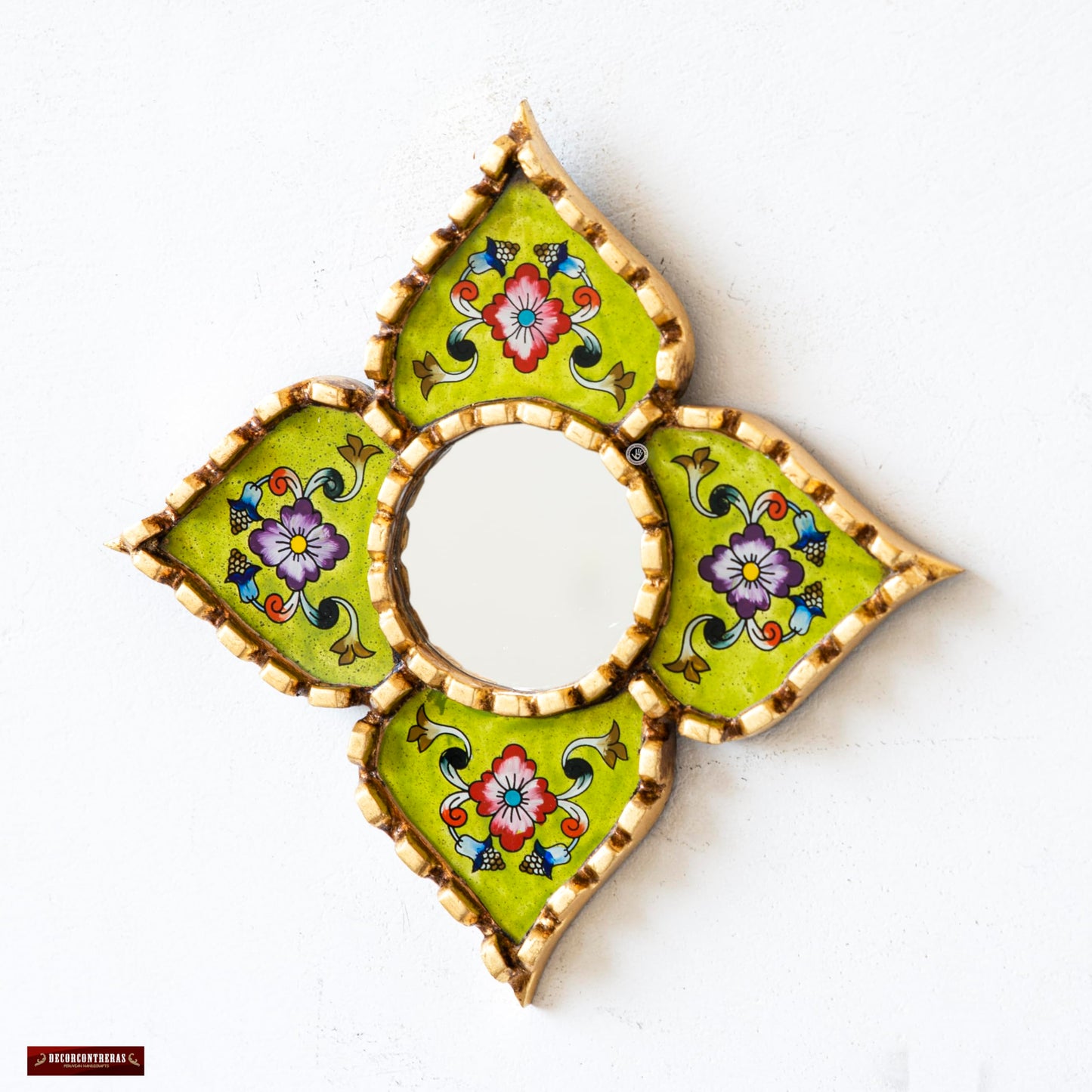 DecorContreras Peruvian Wall Mirror Lime Green Hand Painted Glass Diamond