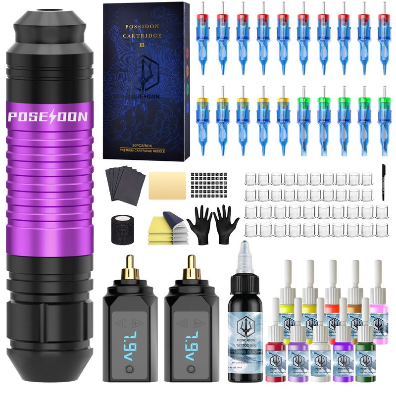 POSEIDON Tattoo Pen Set, Wireless Tattoo Gun Kit Tattoo Kit with 2Pcs Battery and 20Pcs Tattoo Cartridge Needles, Complete Tattoo Machine kit Tattoo Supplies for Beginners