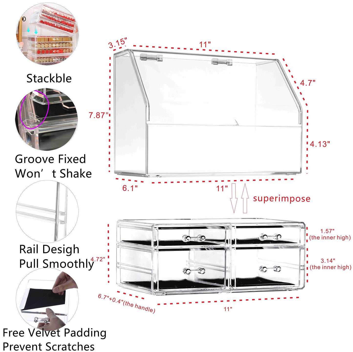 Celar Makeup Organizer With With Lid,Dustproof Waterproof Design Make up Organizer for Bathroom Countertop,4 Drawers Acrylic Skincare and Cosmetic Storage for Vanity Countertop,Dresser Top Organizer