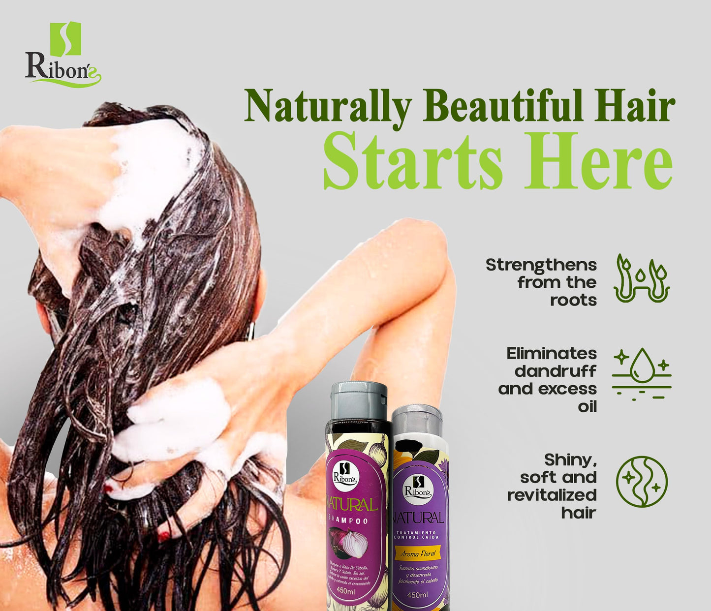 Ribon's Natural Shampoo and Conditioner Set Hair Growth – Anti-Hair Loss, Strengthening & Nourishing Formula with Onion, Rosemary & Aloe Vera – Floral Scent – 450ml Each