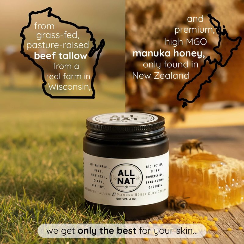 All Nat Whipped Beef Tallow & Manuka Honey Face Cream – Hydrating, Clean Beauty Moisturizer for Sensitive Skin, Natural Skincare, 3.0 oz
