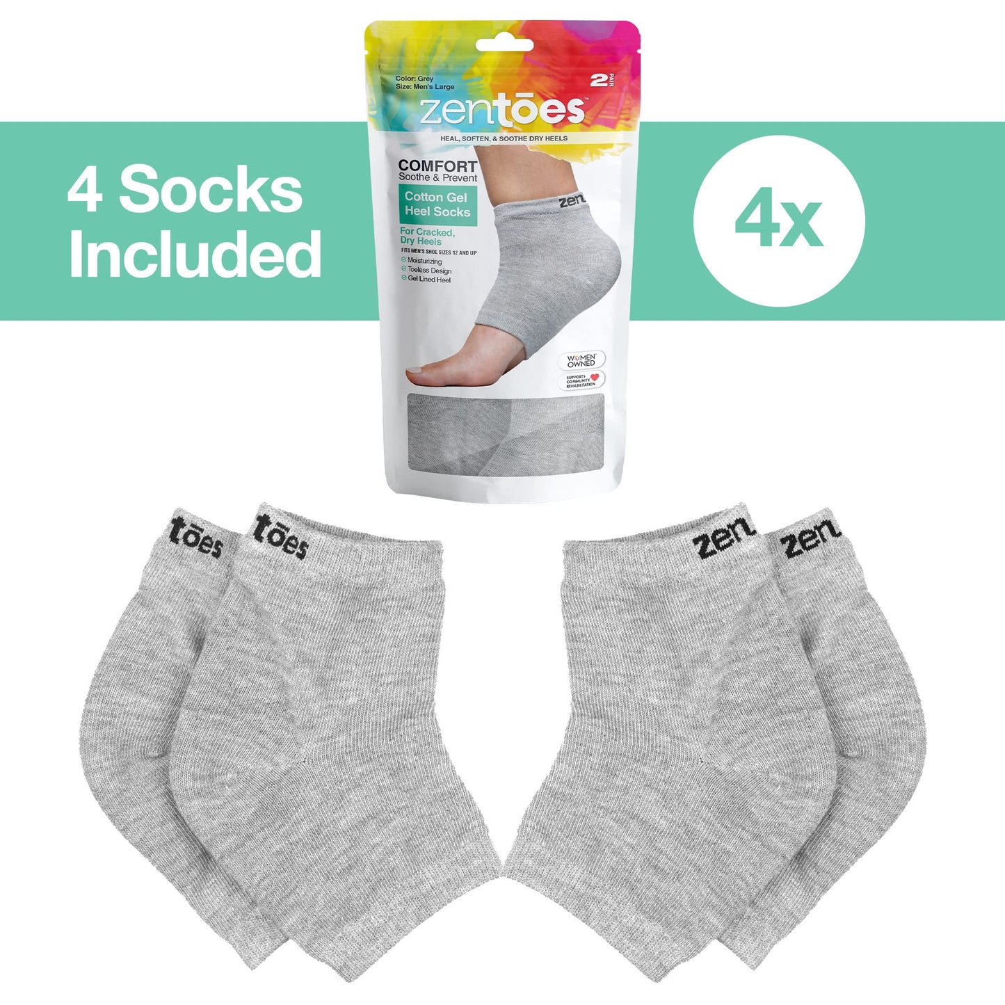 ZenToes Moisturizing Heel Socks 2 Pairs Gel Lined Toeless Spa Socks to Heal and Treat Dry, Cracked Heels While You Sleep (Men's Large, Gray)