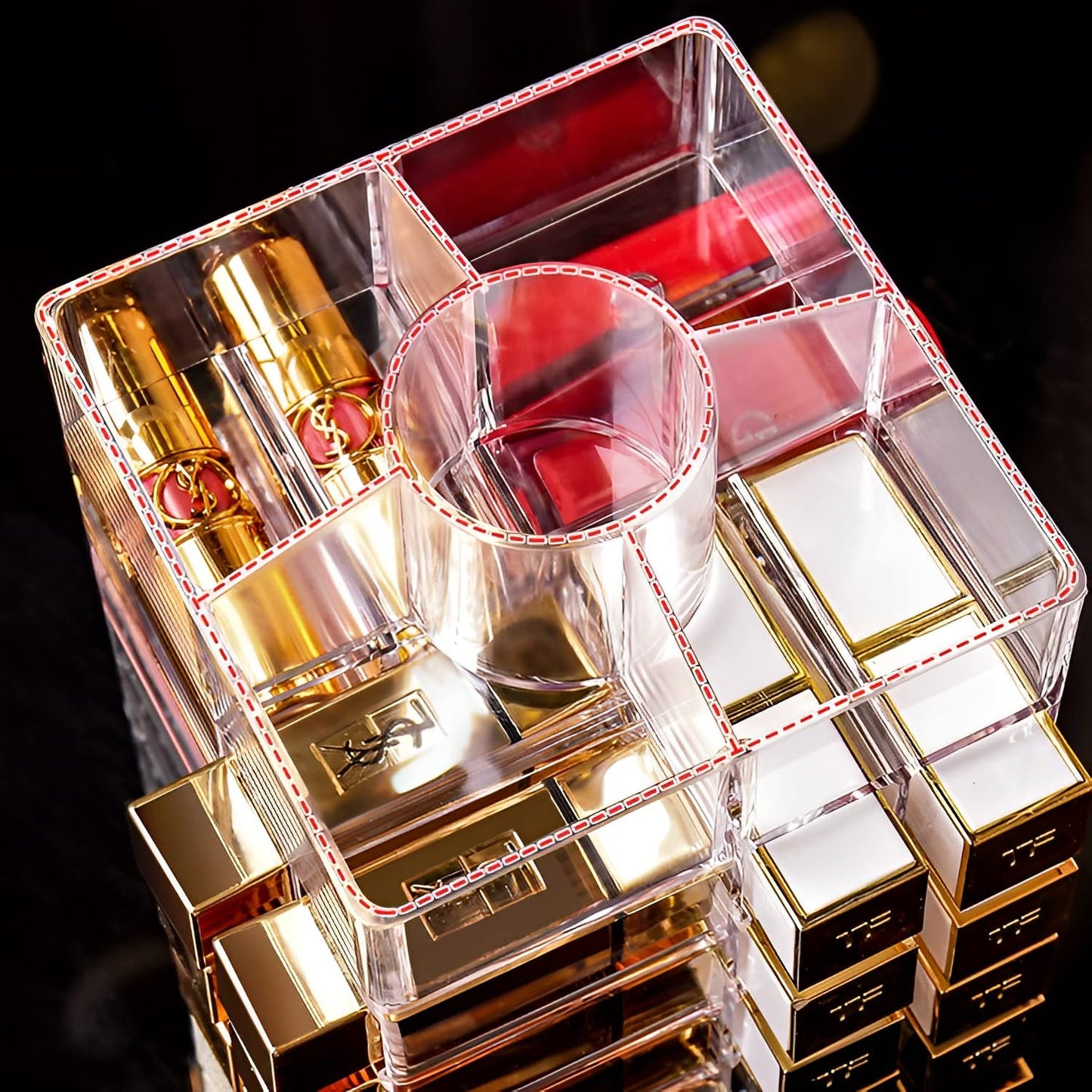 Sooyee 360 Degree Spinning Lipstick Organizer Holder 53 Spaces, Acrylic Cosmetic Display Cases for Lipstick, Brushes, Bottles, and More, Clear