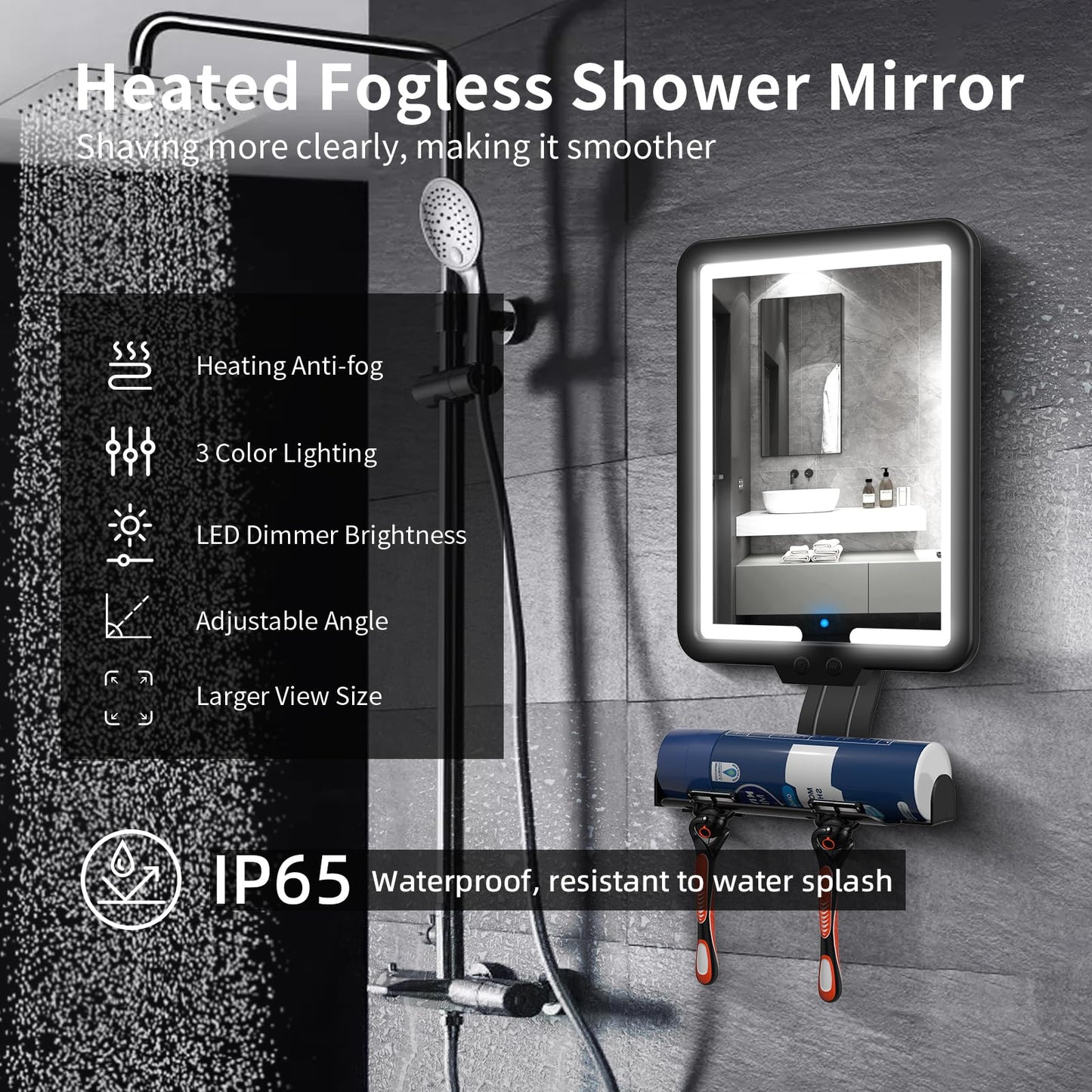 Suupvaor Heated Shower Mirror Fogless for Shaving, Fog Free Large 9.5 * 7inch Shower Shaving Mirror with Light, Rechargeable Anti-Fog Shower Mirror with Storage Tray & Razor Holders