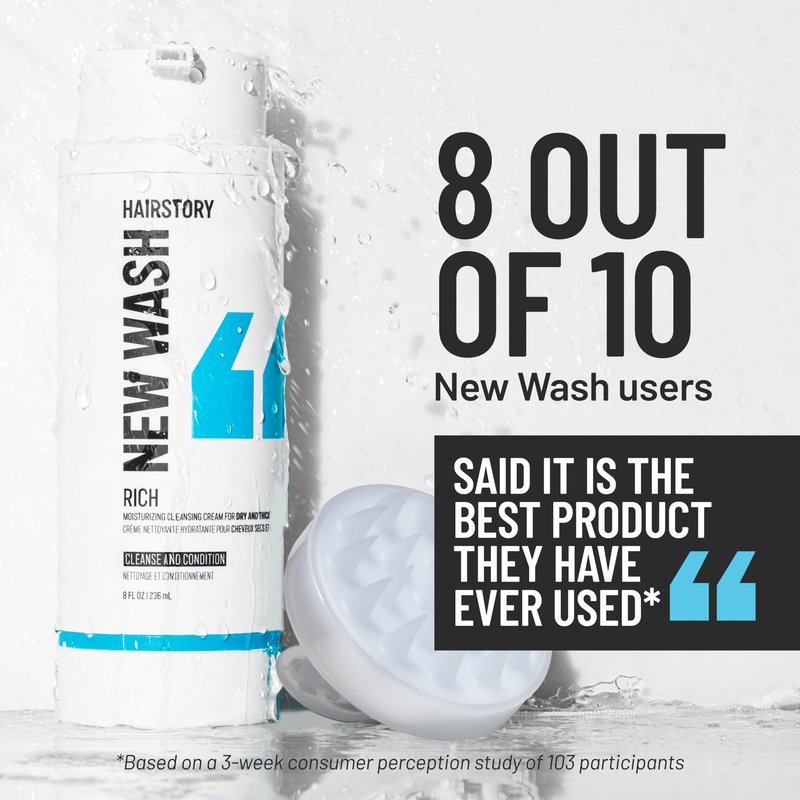 Hairstory New Wash Rich with Bonus Scalp Brush – Detergent Free Shampoo for Thick Curly Coarse Hair, Sulfate Free Deep Moisture Cleansing Cream, 8 Fl Oz Refillable Bottle