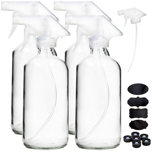 Youngever 4 Pack Empty Glass Spray Bottle, 16 Ounce Clear Glass Spray Bottle for Essential Oils with Extra Durable Trigger Sprayers