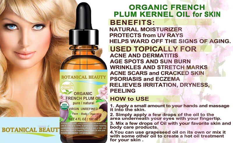 Botanical Beauty Organic French PLUM OIL 100% Pure Natural VIRGIN UNREFINED Cold-Pressed Carrier Oil for Face, Skin, Body, Hair, Lip, Nails. Rich in Vitamin E, Omega 6, Omega 9 (2 Fl Oz)