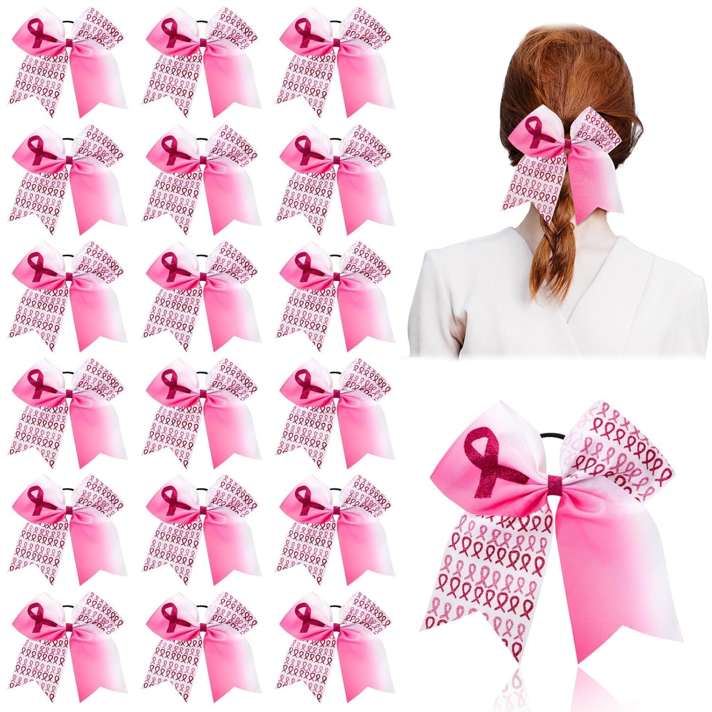 Breast Cancer Awareness Cheer Bows - 18 Pcs Pink Ribbon Hair Accessories for Teens & Women | 7 Inch Elastic Ponytail Holders