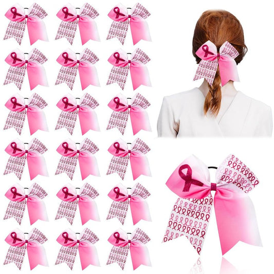 Breast Cancer Awareness Cheer Bows - 18 Pcs Pink Ribbon Hair Accessories for Teens & Women | 7 Inch Elastic Ponytail Holders
