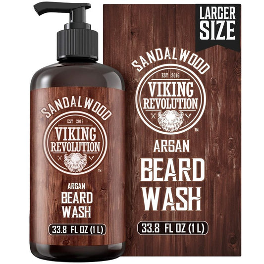 Viking Revolution Sandalwood Beard Wash for Men with Argan Oil - Beard Softener and Strengthener Beard Shampoo with Ginseng, Red Sage, Vitamin B5, Vitamin E - Sandalwood Beard Care (33.8 Fl oz)