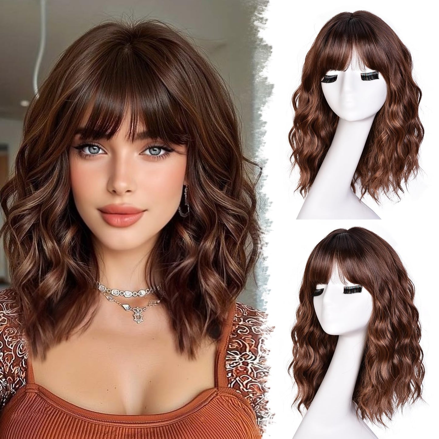 Short Bob Wavy Wig for Women - 18-Inch Highlight Brown Wig with Bangs | Shoulder-Length Hair for Halloween & Daily Wear