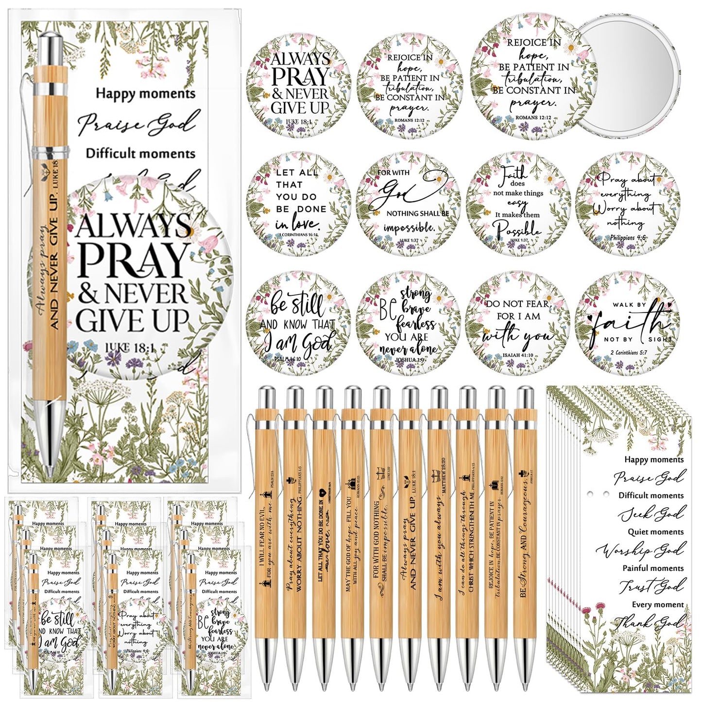 Dinifee 30 Sets Christian Gifts Bulk for Women Bible Verse Pen Flower Mini Compact Mirrors Floral Makeup Mirrors Inspirational Religious Gifts for Church Womens Ladies Sunday School