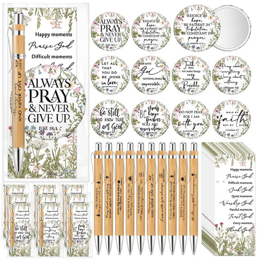 Dinifee 30 Sets Christian Gifts Bulk for Women Bible Verse Pen Flower Mini Compact Mirrors Floral Makeup Mirrors Inspirational Religious Gifts for Church Womens Ladies Sunday School