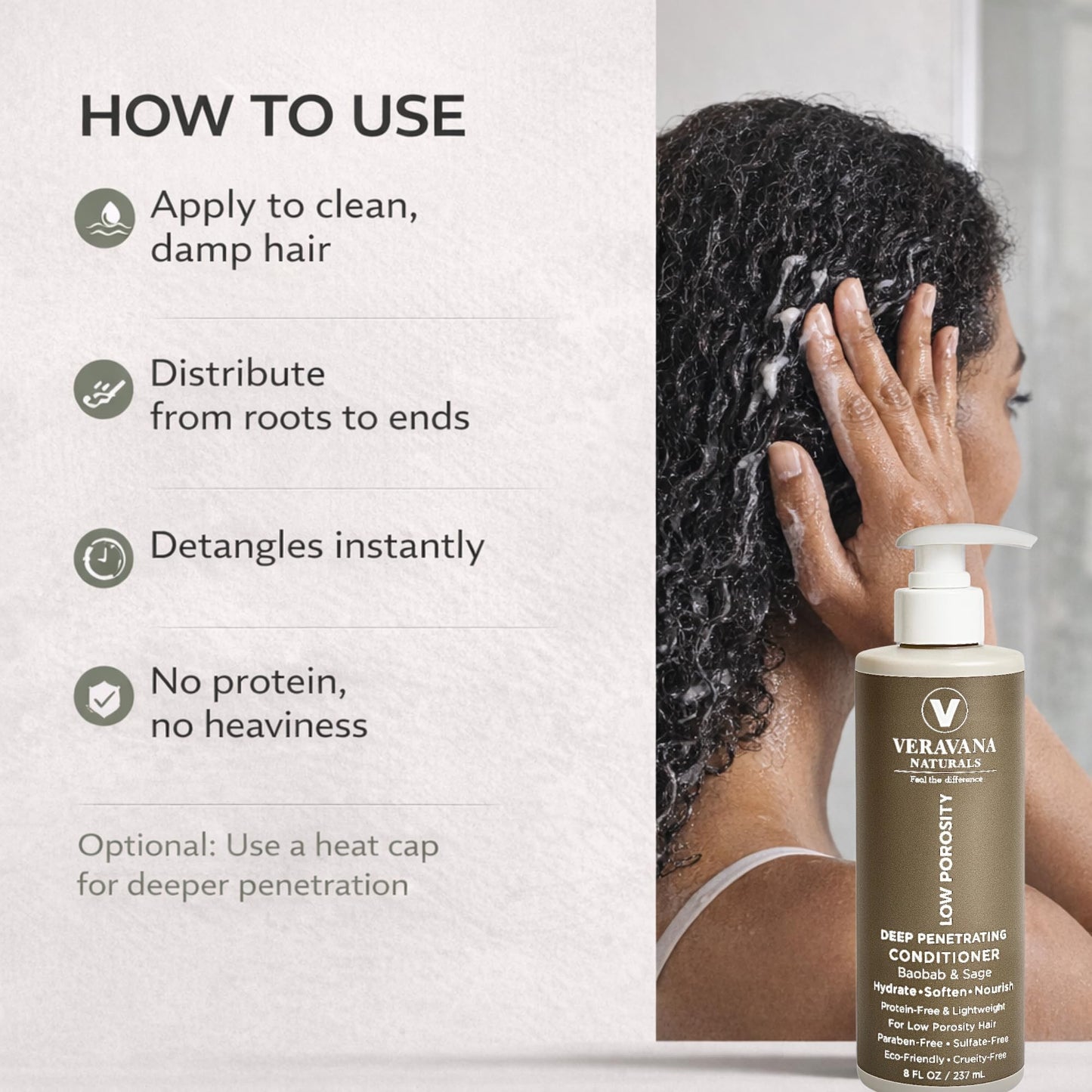 Veravana Naturals Low Porosity Deep Conditioner with Baobab & Sage, Protein-Free Lightweight Conditioner, 8 fl oz