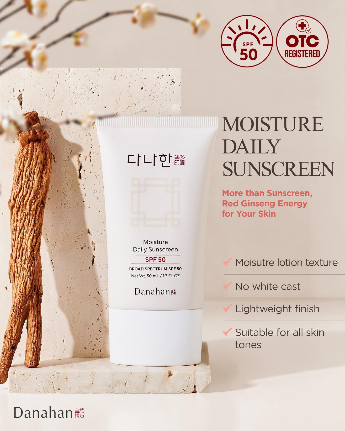 DANAHAN Korean Face Sunscreen SPF 50 Broad Spectrum - Moisturizing Hybrid Formula, No White Cast on All Skin Tones with Ginseng + Niacinamide, Doubles as Makeup Primer, 1.7 oz