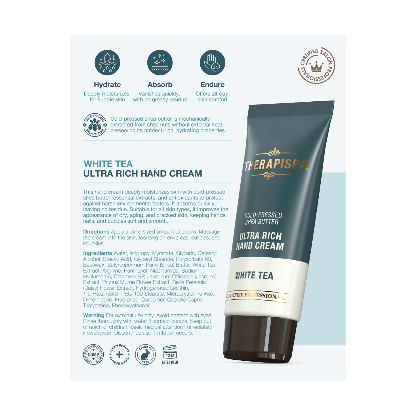 THERAPISPA Ultra Rich Hand Cream – Intensive Hydration & Repair for Dry, Chapped Hands | Enriched with Shea Butter, Ceramides, Niacinamide (B3) & Panthenol (B5) (White Tea, 2.0 oz, Pack of 1)