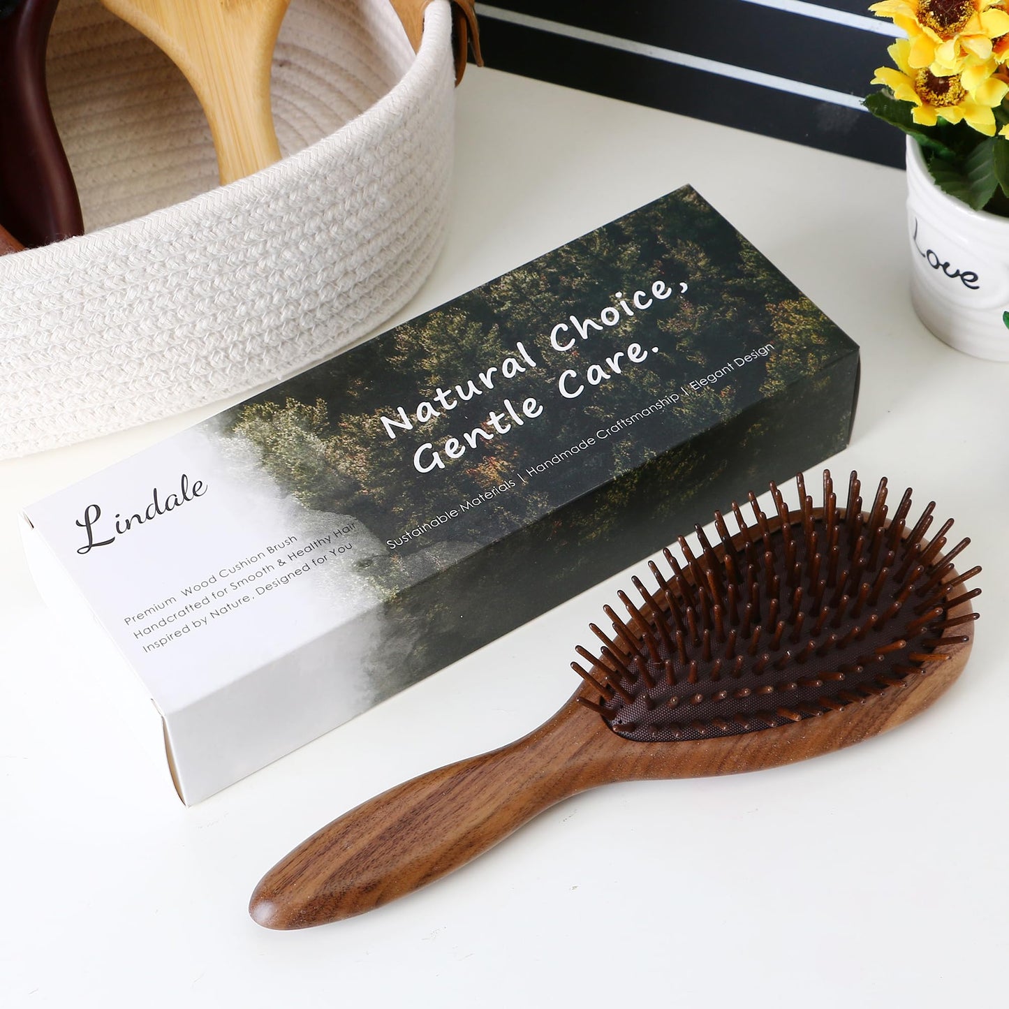 Lindale Walnut Wooden Hair Brush for Hair Growth with Natural Walnut Bristles Detangler Paddle Hairbrush for Massaging Scalp for Women Men, Reduces Static for Curly Hair with Ergonomic Handle Oval
