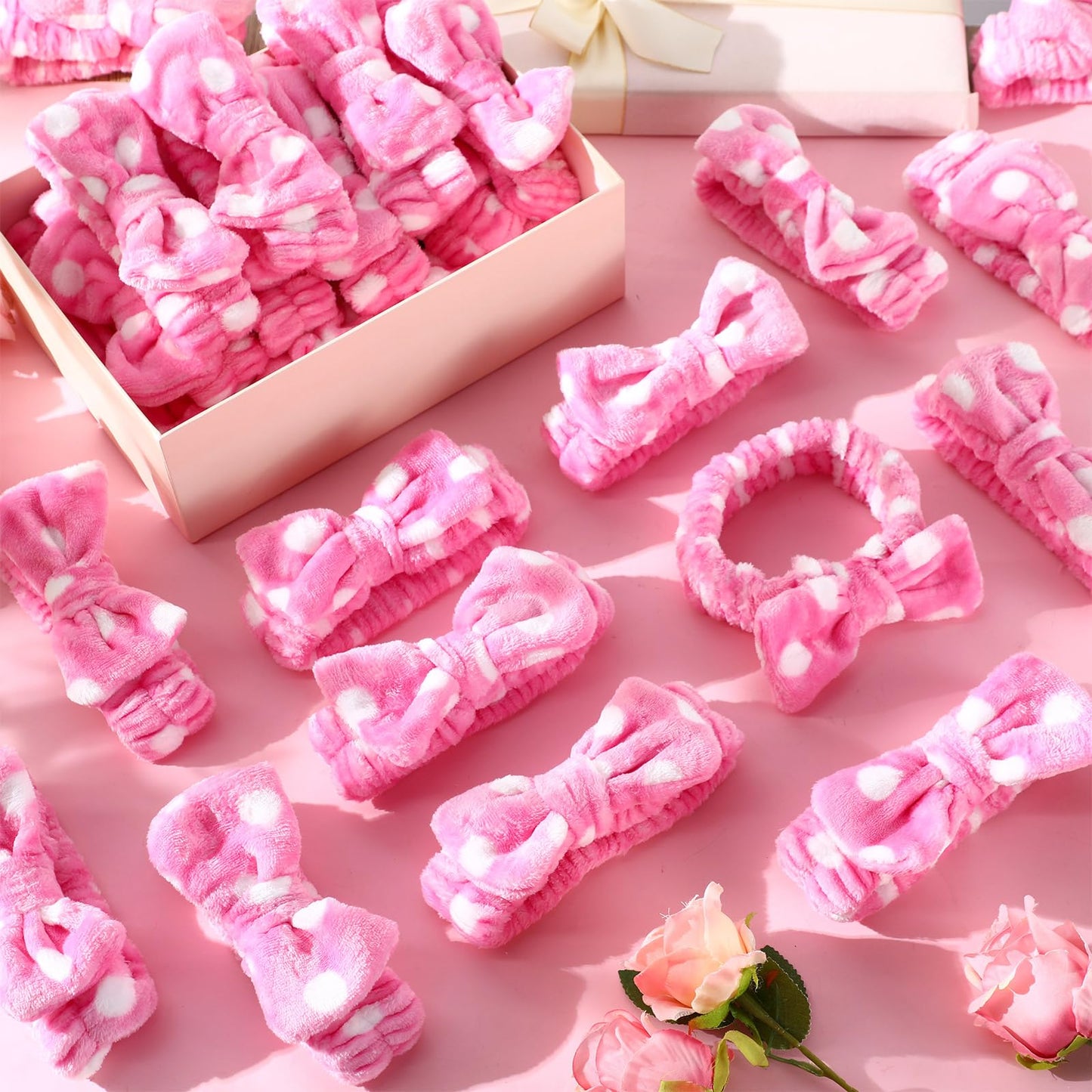 Wavyknot 50 Pcs Pink Spa Headband Bulk Spa Sleepover Party Supplies for Washing Face with Removable Bow Makeup Elastic Bowknot Headbands for Women Gifts Soft Skincare Microfiber Hairbands(Dots Style)