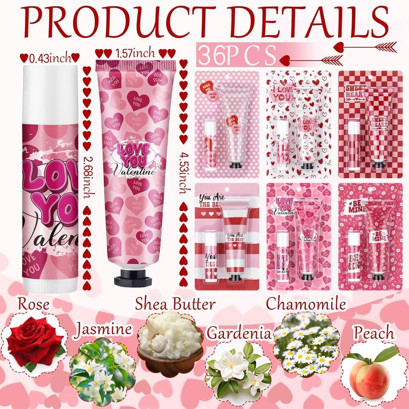 Valentine's Day Hand Cream & Lip Balm Gift Set - 36 Sets | Moisturizing Care for Women & Teachers
