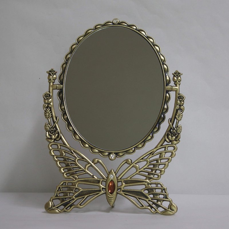 Vintage Antique Butterfly Patterned Makeup Table Mirror - Double-Sided Rotatable Oval Design | Large Brass Finish
