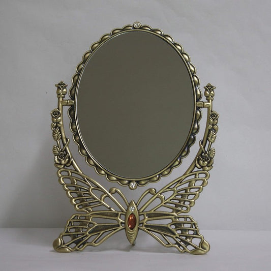 Vintage Antique Butterfly Patterned Makeup Table Mirror - Double-Sided Rotatable Oval Design | Large Brass Finish