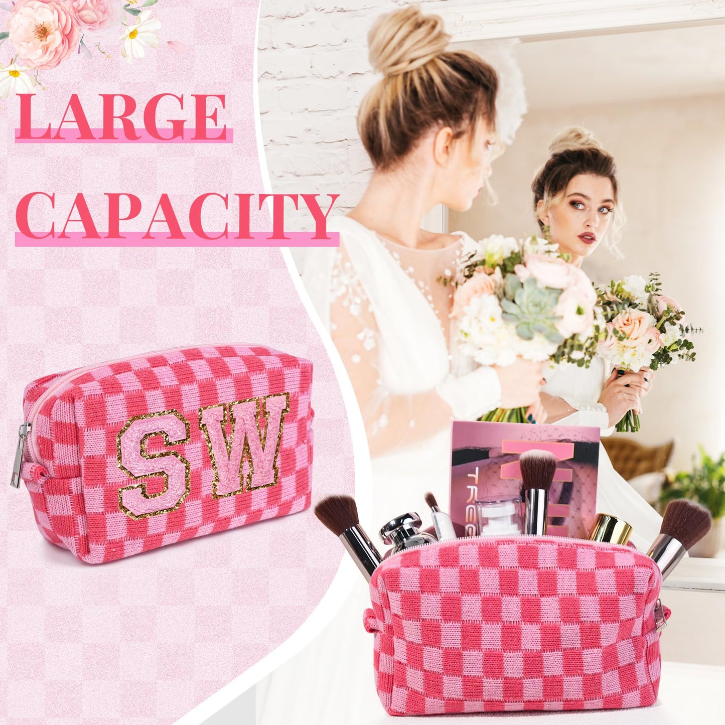 8 Pcs Checkered Makeup Bag Bridesmaid Proposal Gifts Makeup Pouch Bulk for Wedding Party Favors Bachelorette Party Decorations Toiletry Organizer Bag Cosmetic Case Gift