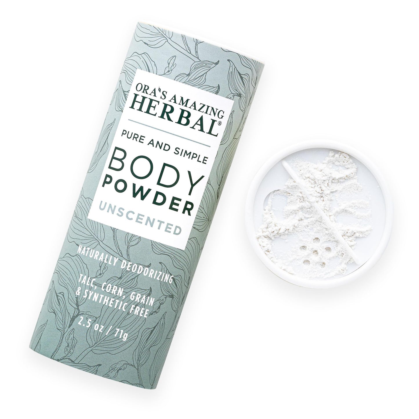 Ora's Amazing Herbal Fragrance Free Body Powder for Women and Men, Unscented Talc Free Talcum Powder, Cornstarch Free Dusting, Waxing, Natural Sugaring, Foot Powder, Dry Shampoo, Made in USA, 2.5 oz