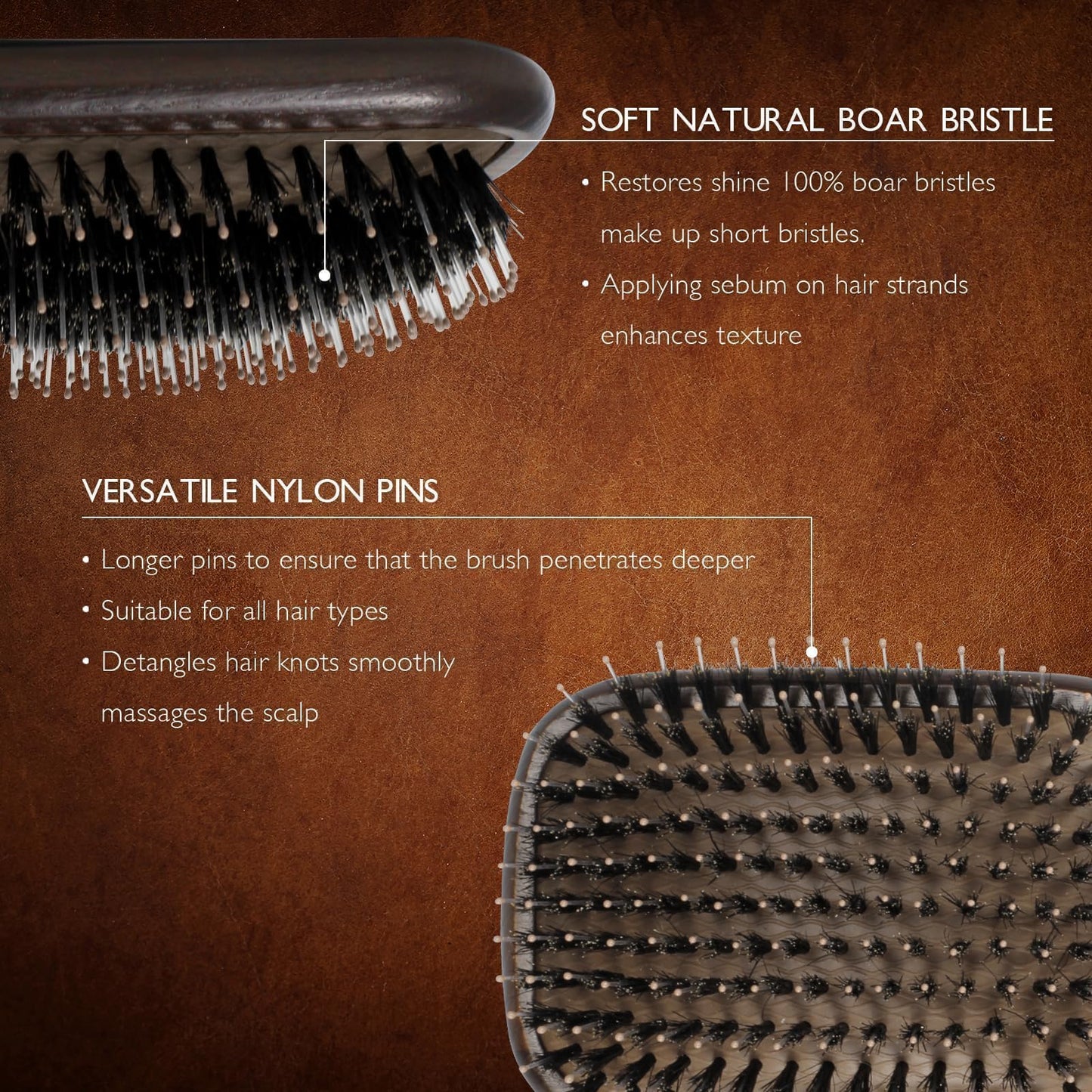 Norsewood Boar Bristle Hair Brush Set, Soft Bristle Detangler for Long, Short, Thin, Curly, Straight, or Wavy, Hairbrush for Enhancing Shine, Great for Men, Women, and Kids