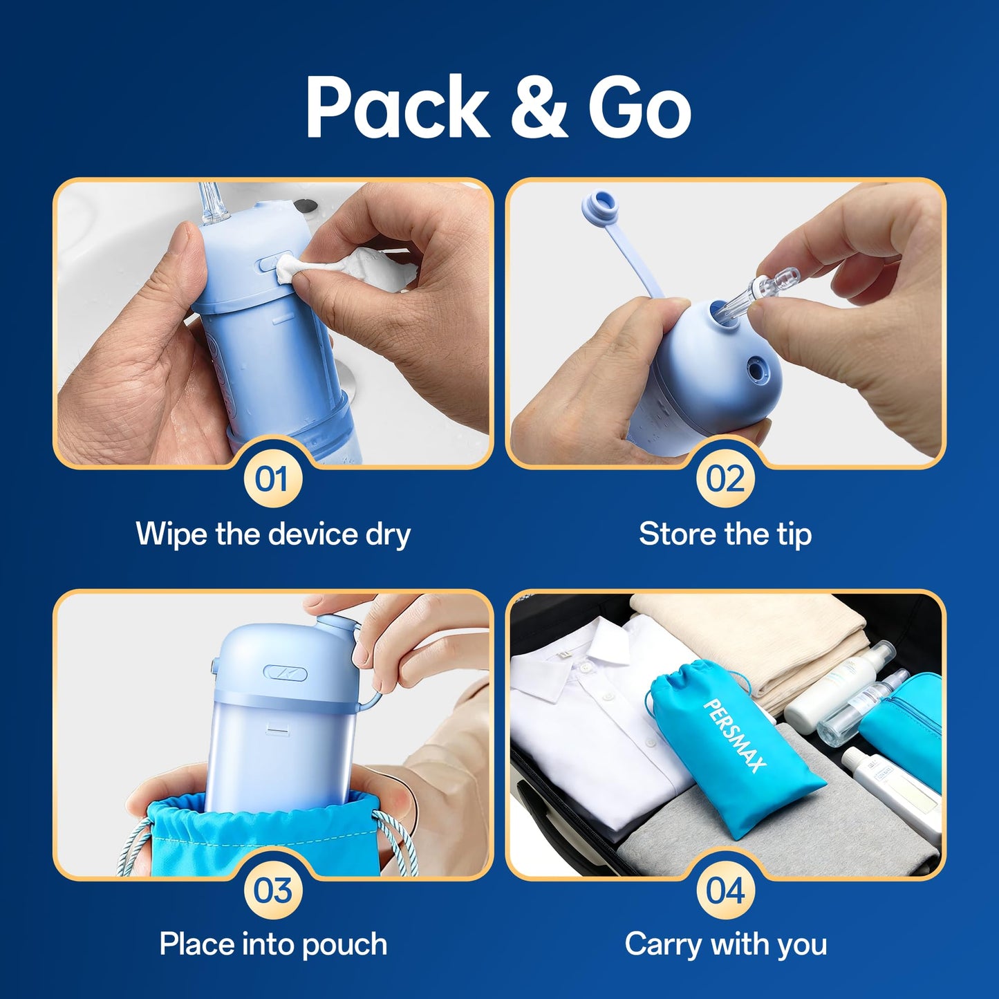 PERSMAX Water Flosser for Orthodontics Teeth Cleaning - Portable Electric Oral Irrigator Pick for Braces, Travel, Kids, with 3 Modes 8 Pressure Settings, 8 Tips, 150ML, IPX7, Gradient Blue