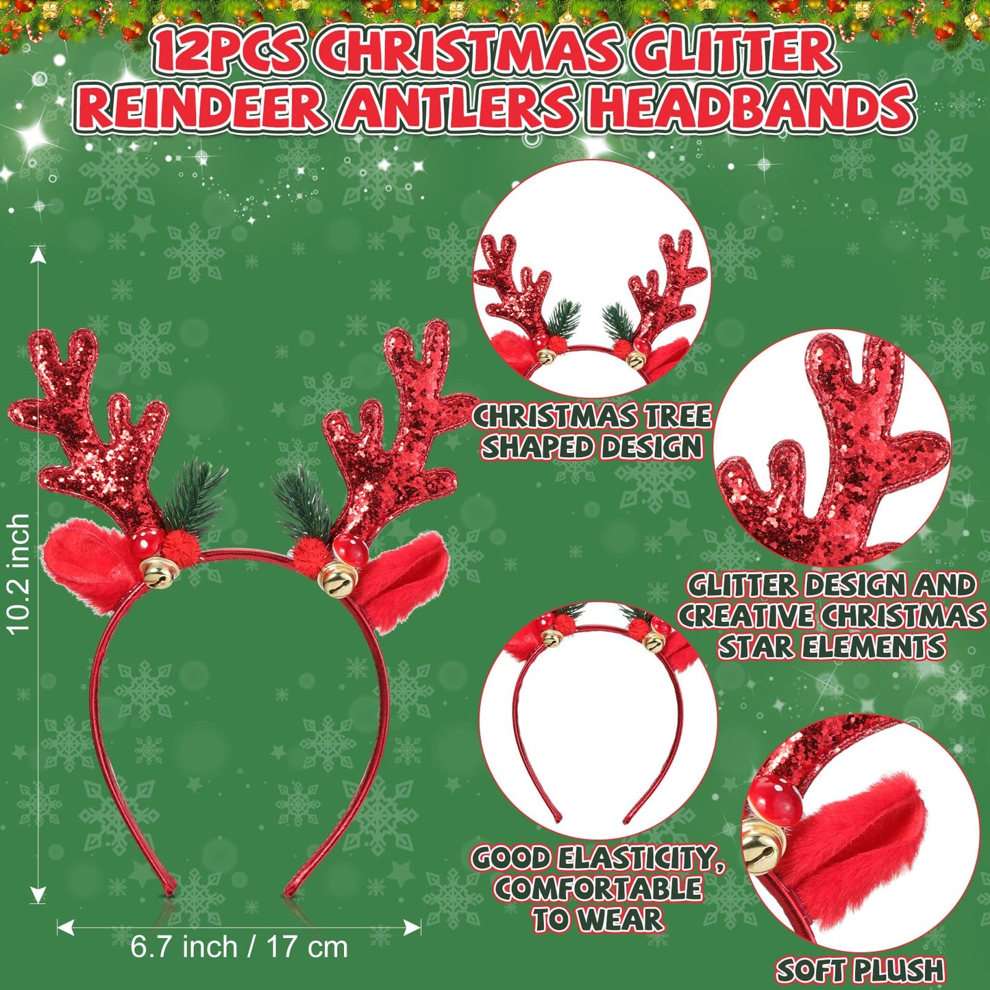Crowye 12 Pcs Christmas Reindeer Headbands Bulk Christmas Reindeer Antler Headbands Xmas Glitter Elk Deer Hairband for Women(Red)