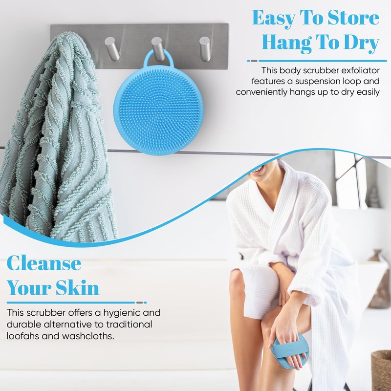 Blessence Body Silicone Scrubber - Blue Exfoliating Body Scrubber with Handle, Shower Brush & Bath Sponges for Personal Care