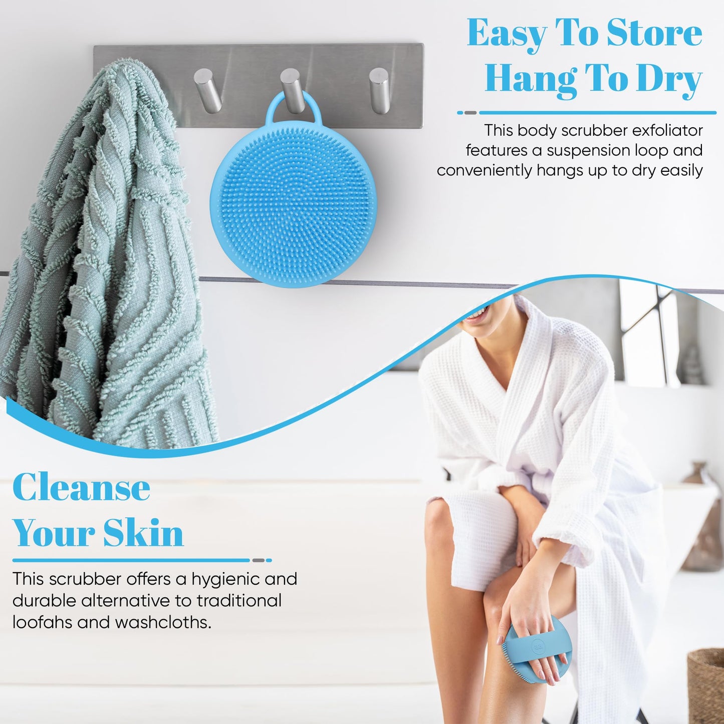 Blessence Body Silicone Scrubber - Blue Exfoliating Body Scrubber with Handle, Shower Brush & Bath Sponges for Personal Care