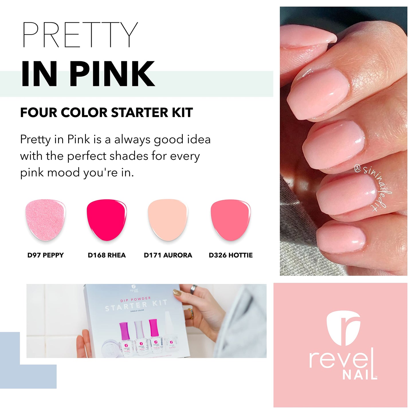 Revel Nail Starter Kit - 4 Color Manicure Set with Dip Nail Powder and Dip Powder Liquid Set - Pretty in Pink