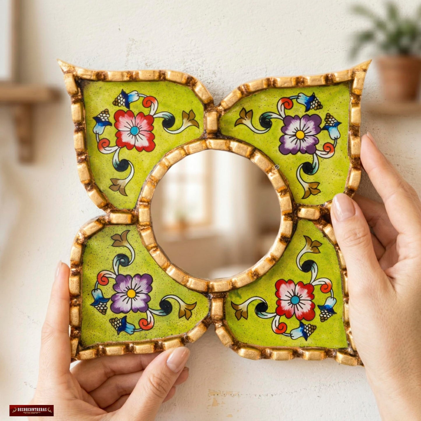 DecorContreras Peruvian Wall Mirror Lime Green Hand Painted Glass Diamond