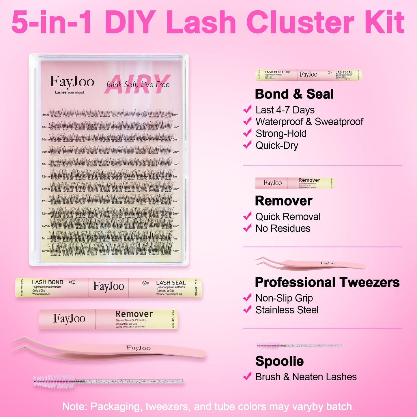 Fayjoo Wispy Natural Lash Clusters Kit DIY Eyelash Extensions with Clear Band Waterproof 8-16mm C-Curl Individual Lashes with Bond & Seal, Tweezers, Remover for Beginners (Airy)