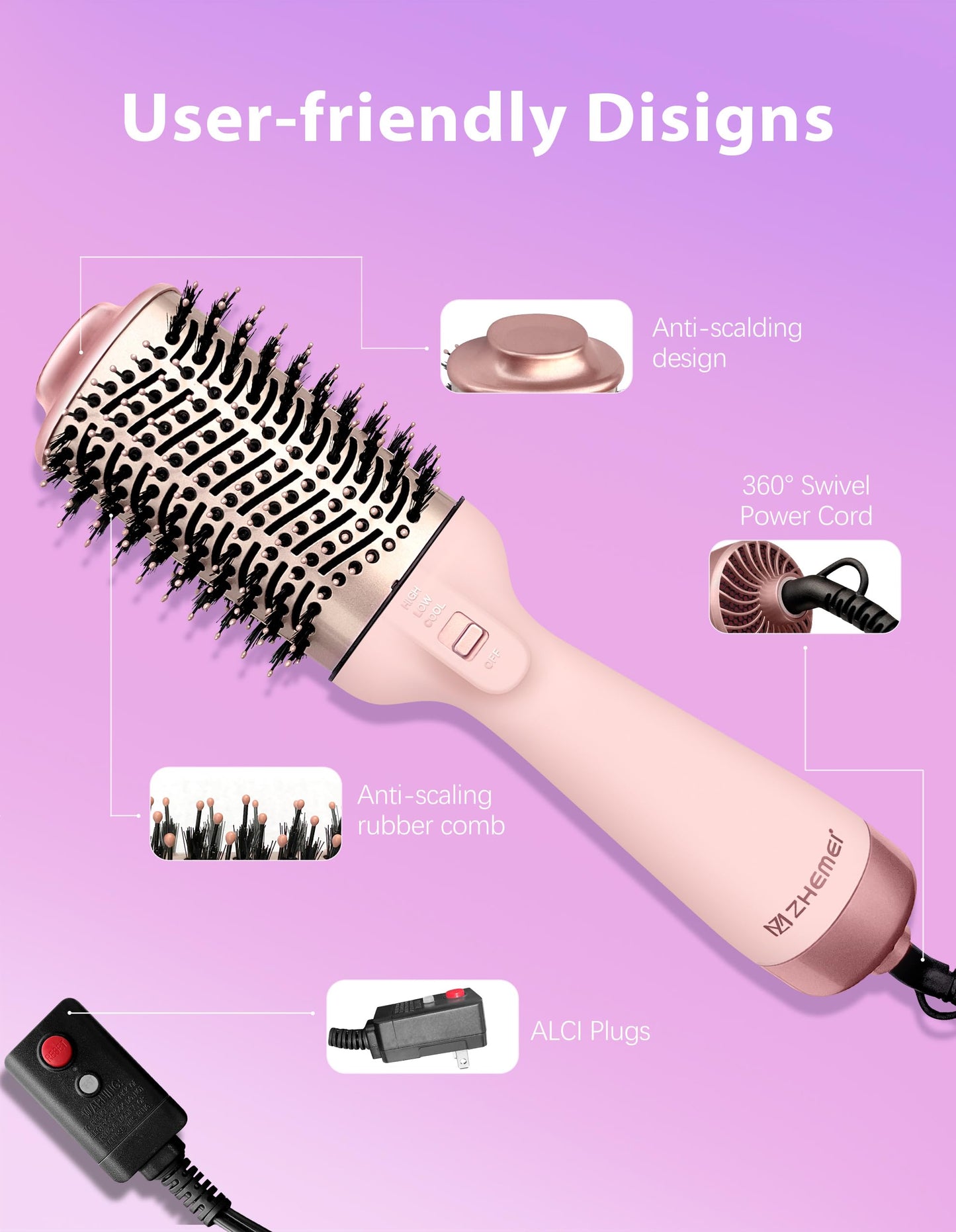 ZM ZHEMEI 1300W Hair Dryer Brush,4 in 1 Blow Dryer Brush Anti-frizz Ceramic Titanium Barrel with ALCI Safety Plug Professional Salon Hot Air Brush for All Hair Types (Rosegold)