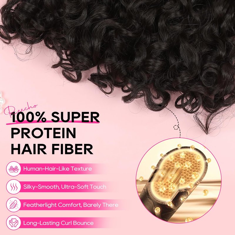 REECHO Curly Hair Extensions - 4PCS 18" GoGo Curly Clip in Hair Extensions 100% Super Protein Hairpieces with Invisible Lace Weft Silky Soft Natural Look for Women - Black Brown