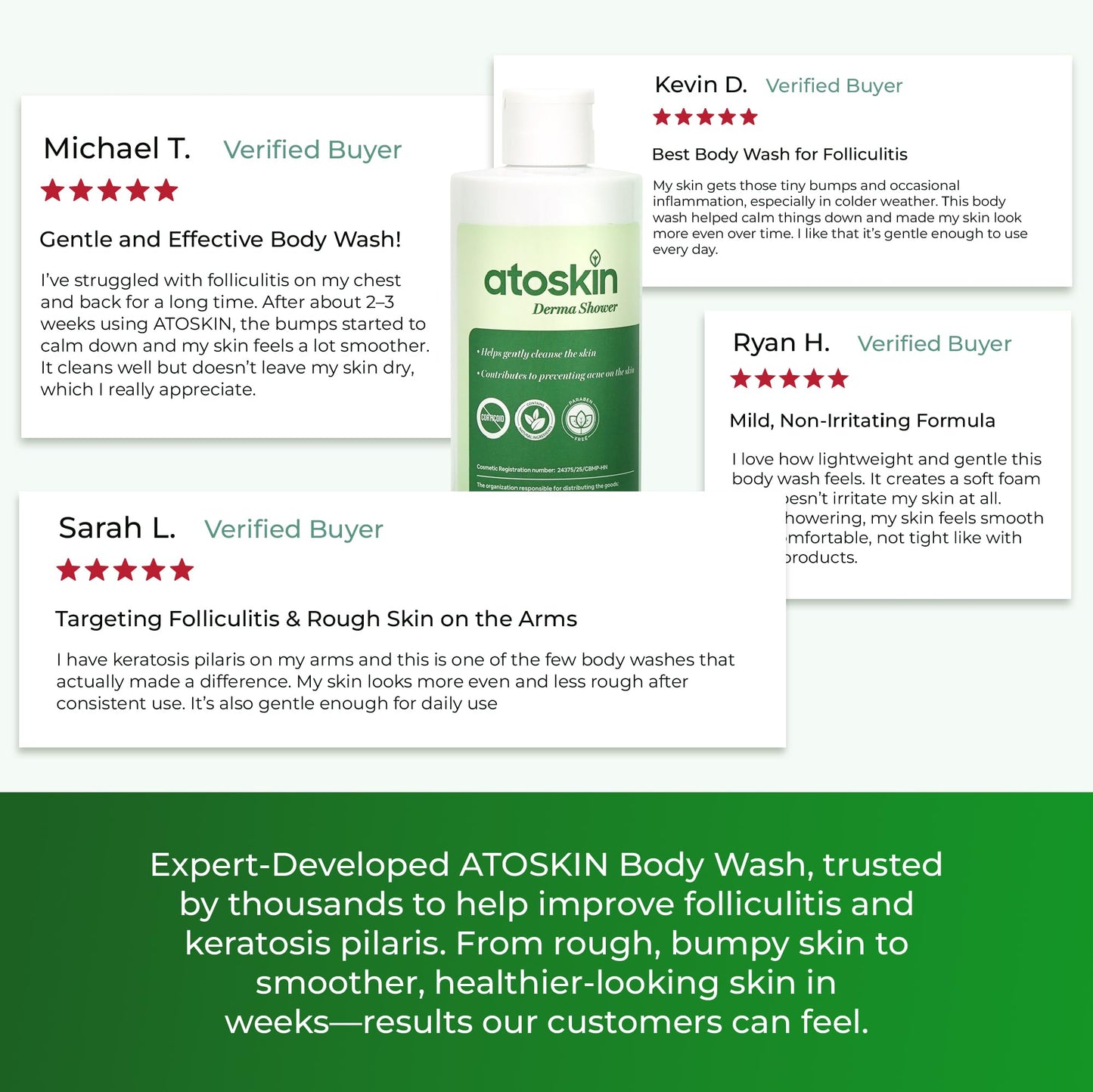 Atoskin Derma Shower – Advanced Folliculitis Body Wash with Rosemary & Ricobio JA7 Herbal Extracts, Reduce Back Acne & Keratosis Pilaris, Gentle Formula for Sensitive Skin (9.47 oz)