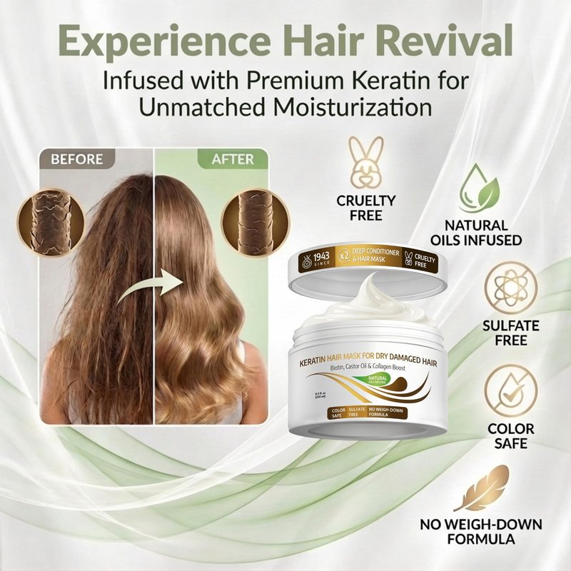 VITAMINS hair cosmetics Keratin Hair Mask - Protein Repair Keratin Treatment - Deep Conditioner for Dry, Damaged, Curly, Straight & Frizzy Hair with Biotin, Collagen & Castor Oil - 8.5 Fl Oz