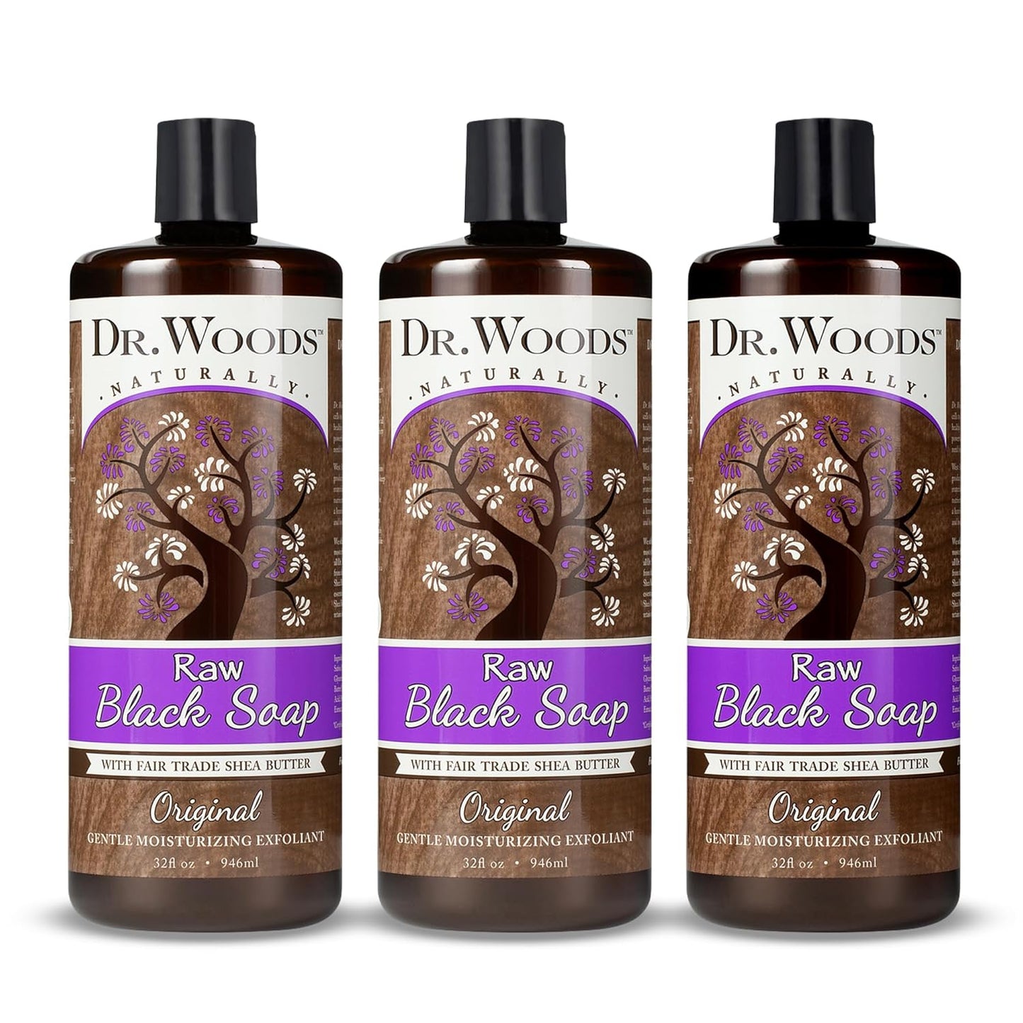 Dr. Woods Raw African Liquid Black Soap - Organic Shea Butter Body Wash | Gentle Exfoliant for Face & Body - 32 Fl Oz, Pack of 3
